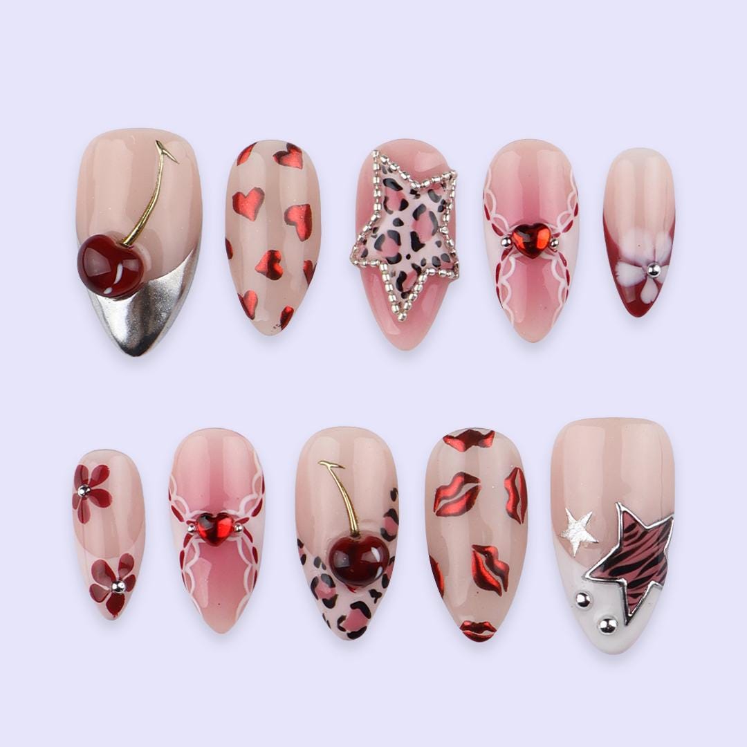 Y2K Valentine Press On Nails | Cherry Heart Leopard & Star Design | Almond Fake Nails | Handmade Nail Art for Date or Gift