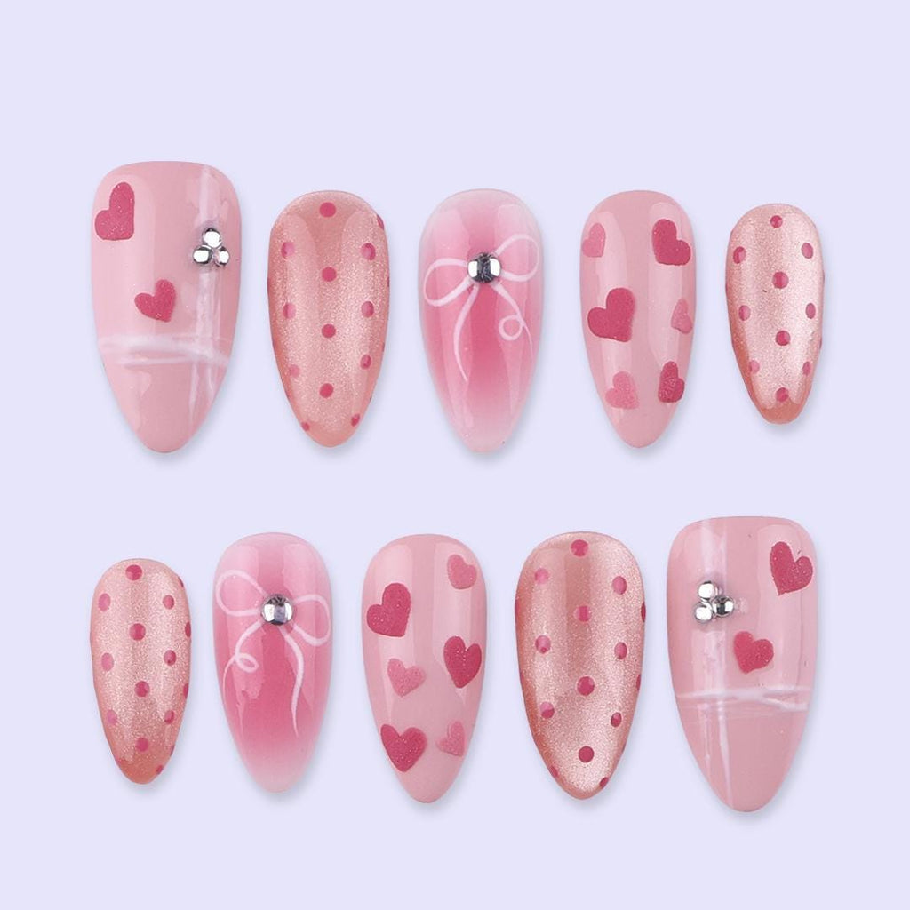Pink Valentine Press On Nails | Heart & Bow Design with Polka Dots | Almond Fake Nails | Handmade Nail Art for Date or Gift
