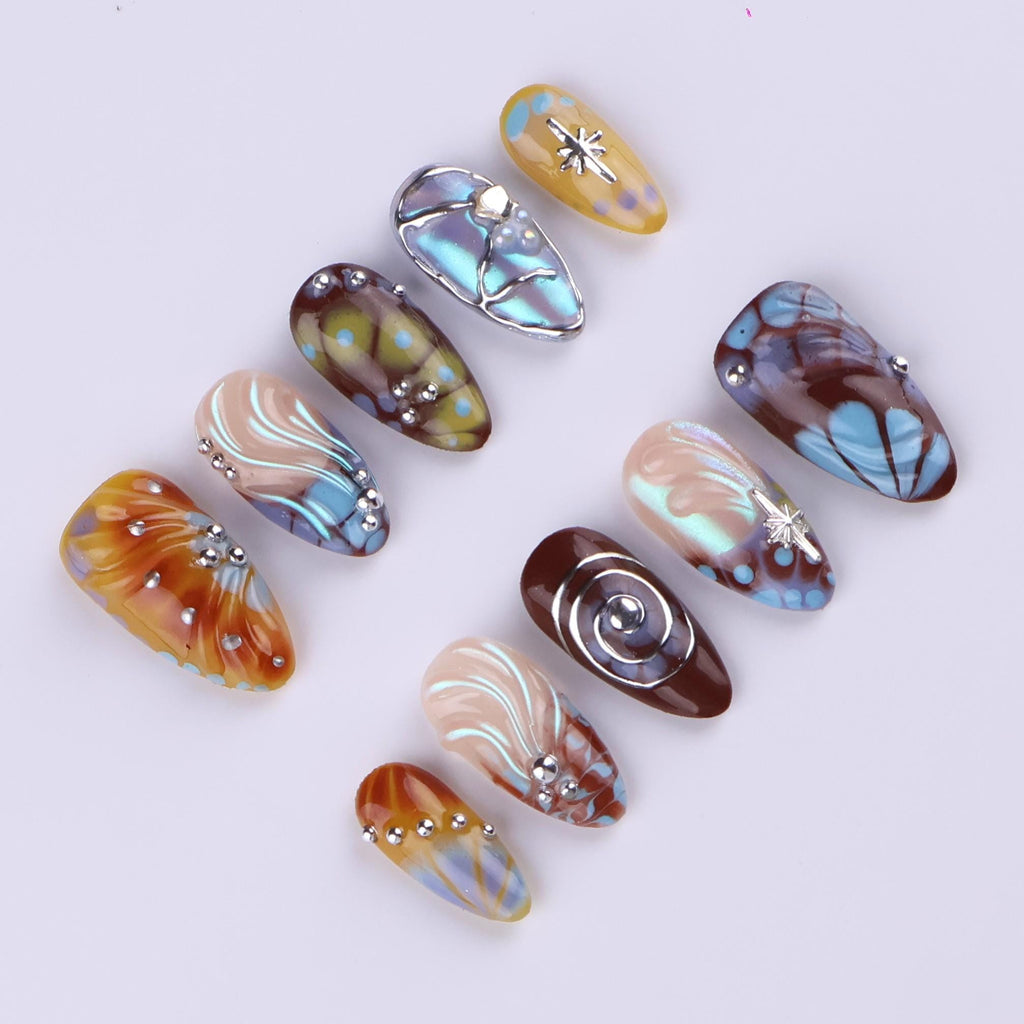 Free Style Press On Nails with Brown & Blue Abstract Swirl | Chrome Fake Nails in Medium Almond | Handmade Nail Art for Statement Looks