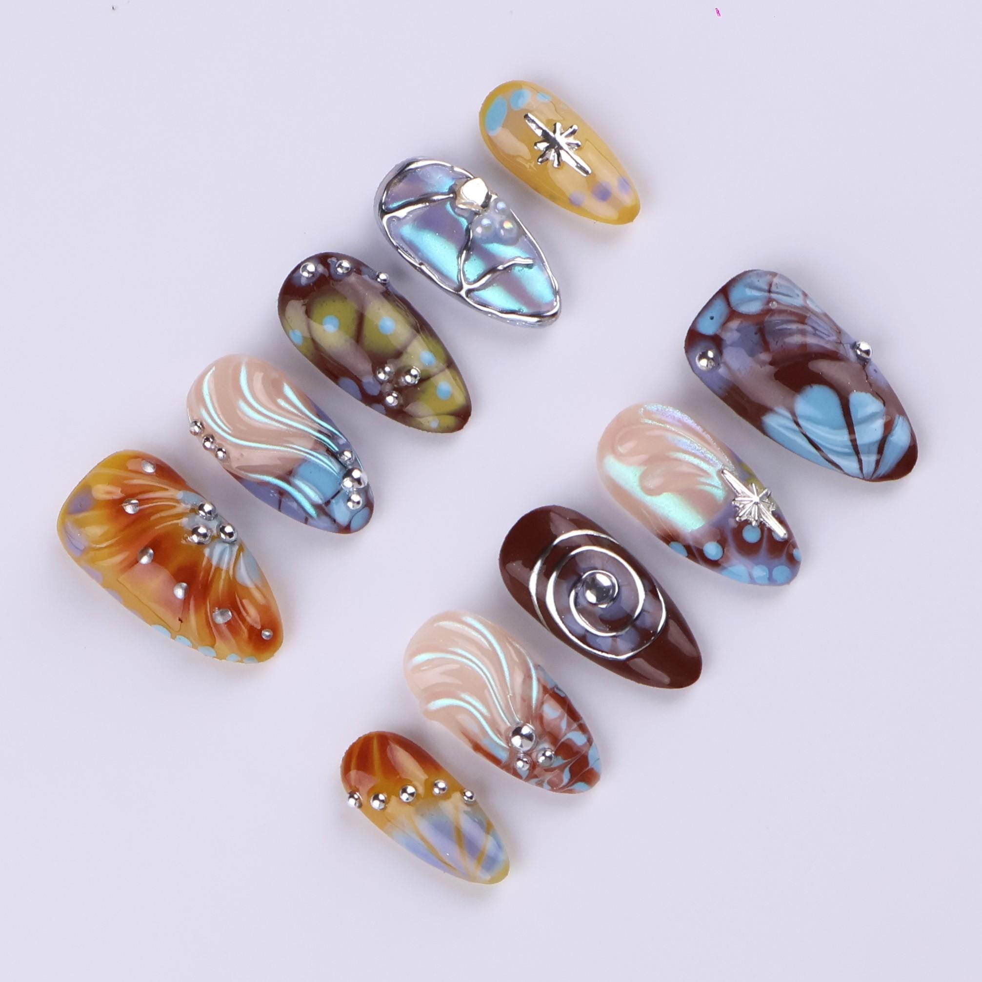 Free Style Press On Nails with Brown & Blue Abstract Swirl | Chrome Fake Nails in Medium Almond | Handmade Nail Art for Statement Looks