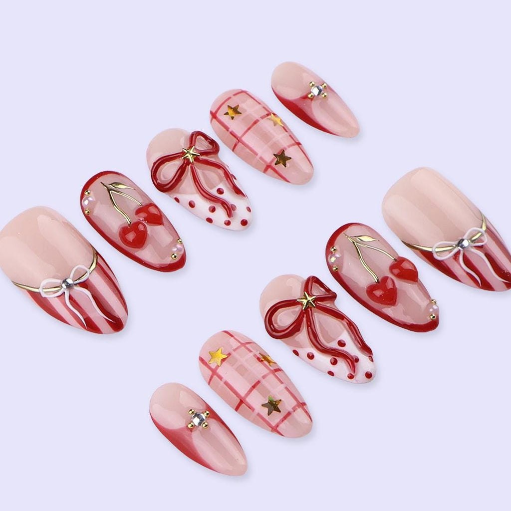 Valentine Press On Nails with Red Bow, Cherry & Gold Star Accents | Almond Fake Nails | Handmade Nail Art for Date Night or Gift for Her