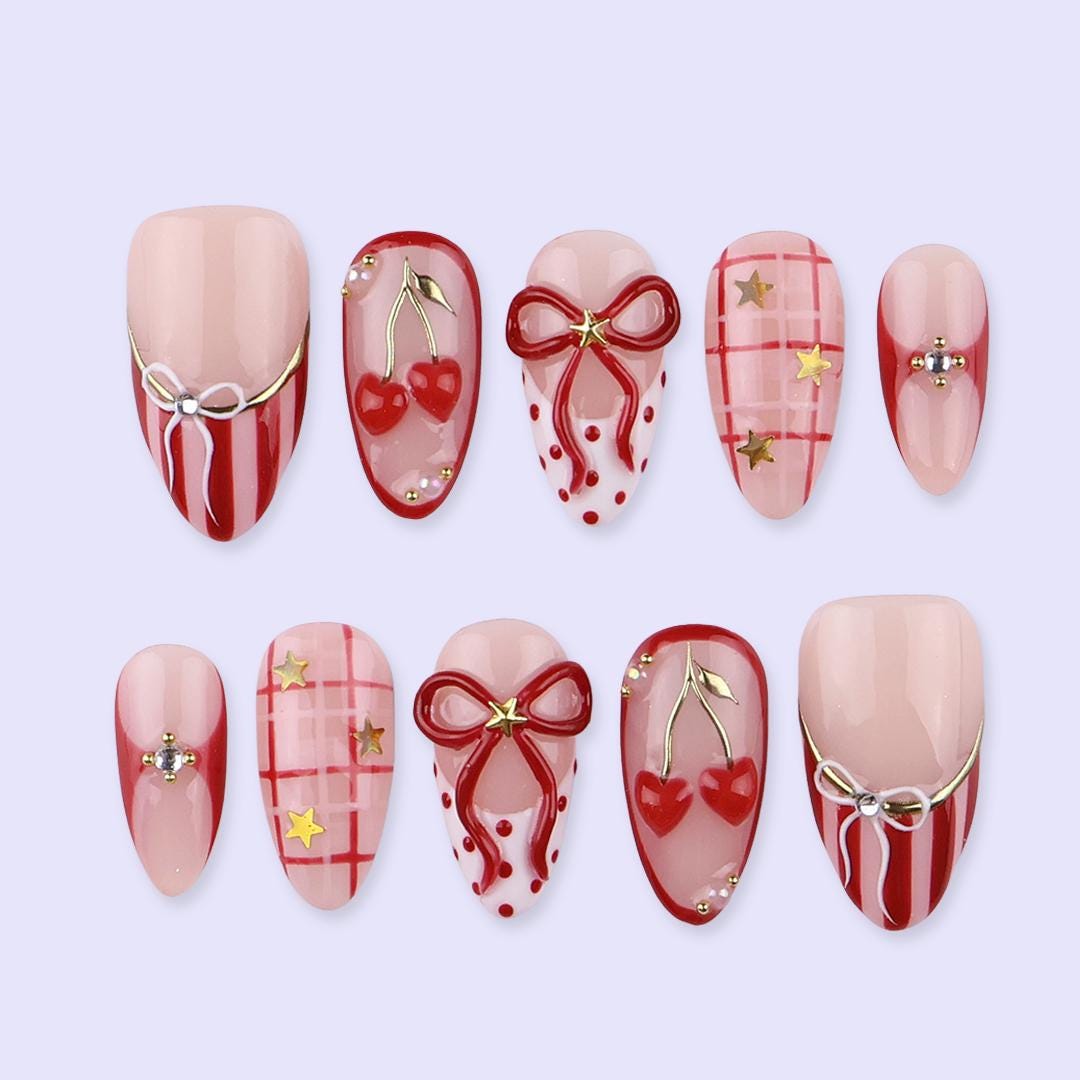 Valentine Press On Nails with Red Bow, Cherry & Gold Star Accents | Almond Fake Nails | Handmade Nail Art for Date Night or Gift for Her