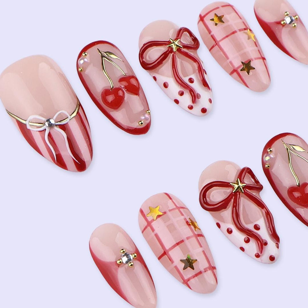 Valentine Press On Nails with Red Bow, Cherry & Gold Star Accents | Almond Fake Nails | Handmade Nail Art for Date Night or Gift for Her