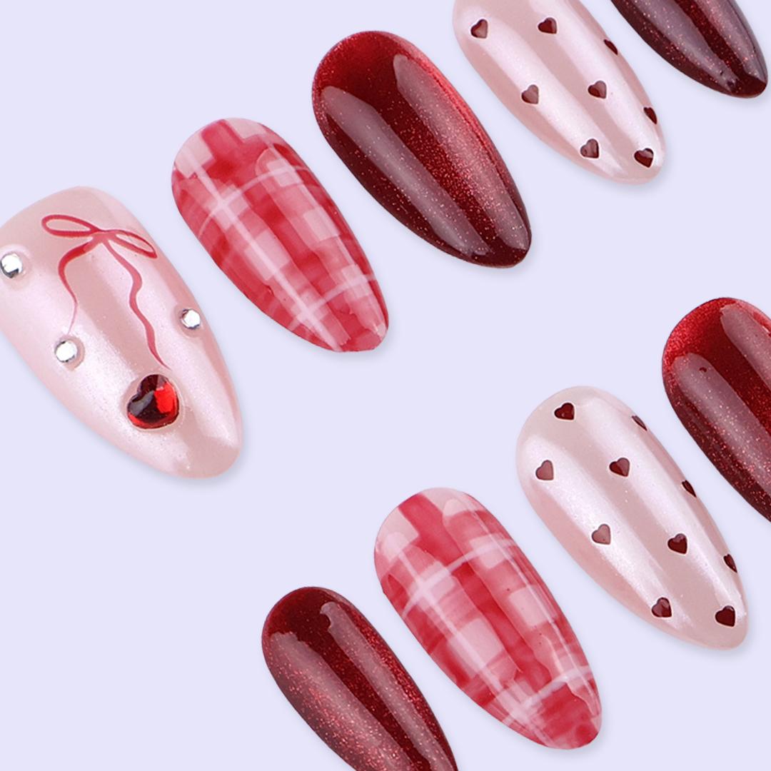 Valentine Cat Eye Press On Nails With Red Heart & Plaid Design | Almond Fake Nails | Handmade Nail Art for Date Night or Gift For Her