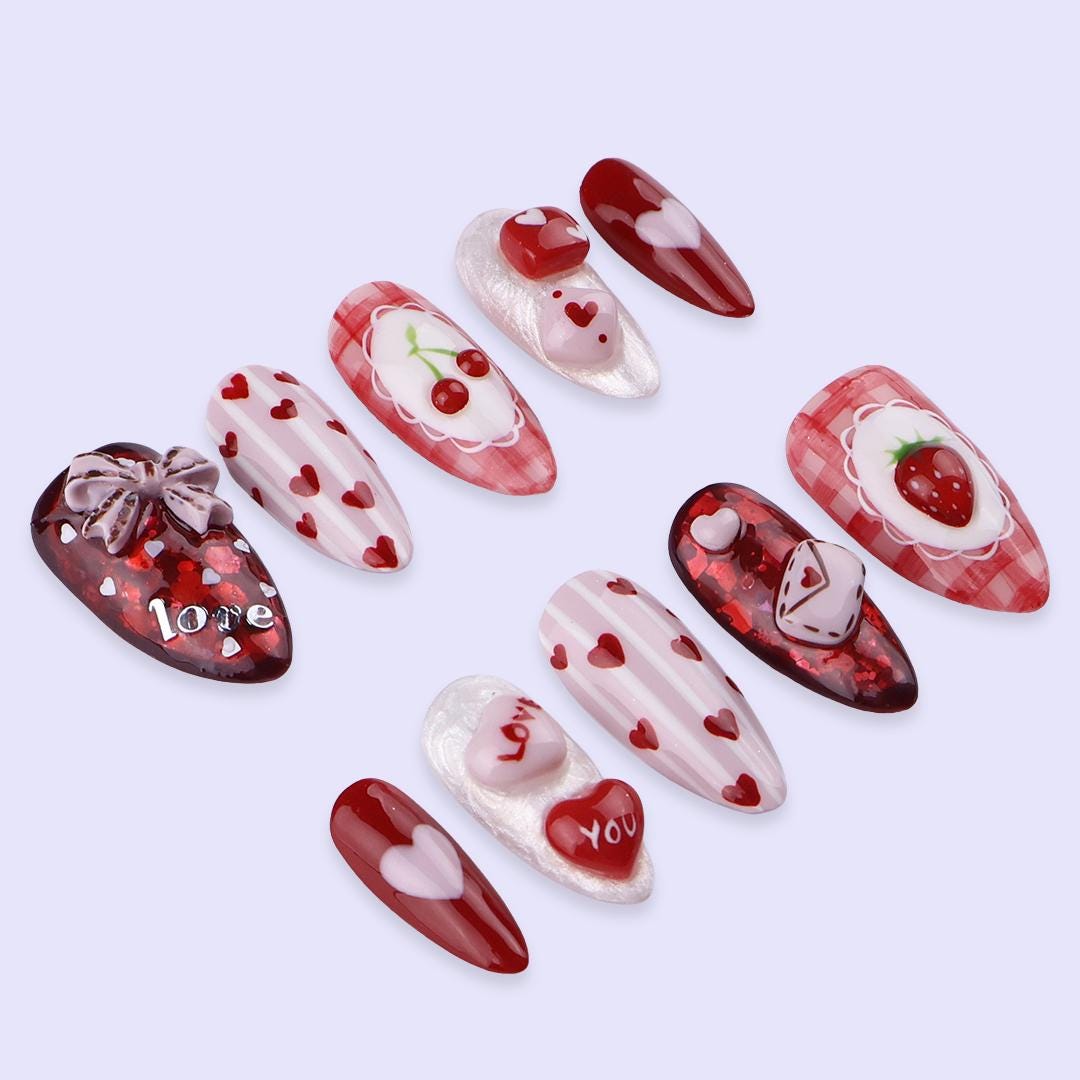 Sweet Valentine Press On Nails | Heart, Cherry & Love Letter Design | Fake Nails in Almond | Handmade Nail Art for Date or Gift for Her