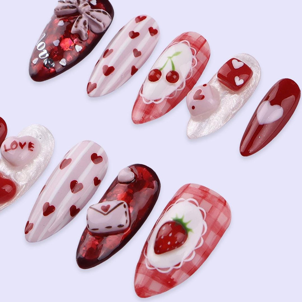 Sweet Valentine Press On Nails | Heart, Cherry & Love Letter Design | Fake Nails in Almond | Handmade Nail Art for Date or Gift for Her
