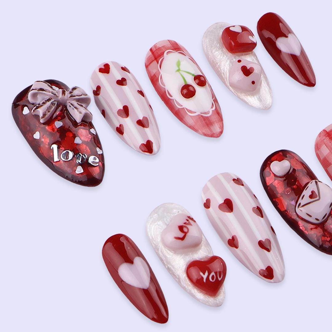 Sweet Valentine Press On Nails | Heart, Cherry & Love Letter Design | Fake Nails in Almond | Handmade Nail Art for Date or Gift for Her