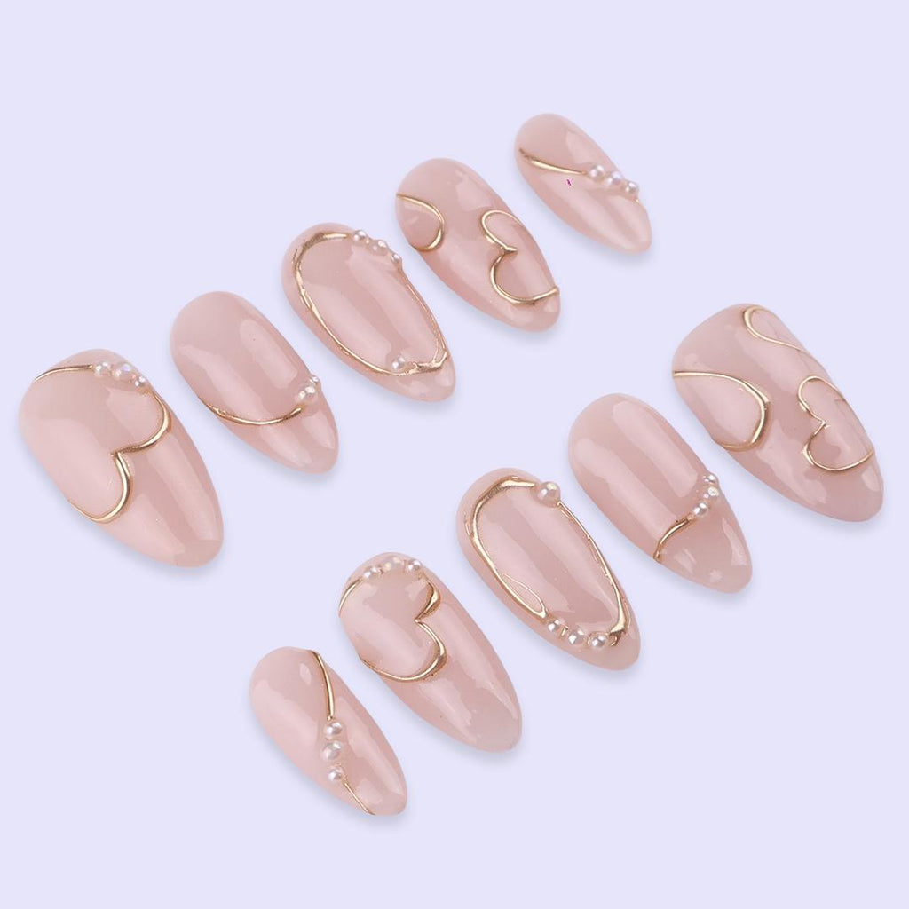 Minimal Nude Press On Nails with Gold Heart Line Art | Elegant Pearl Accent Almond Nails | Handmade Neutral Fake Nails