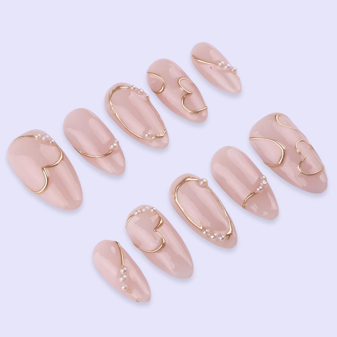 Minimal Nude Press On Nails with Gold Heart Line Art | Elegant Pearl Accent Almond Nails | Handmade Neutral Fake Nails