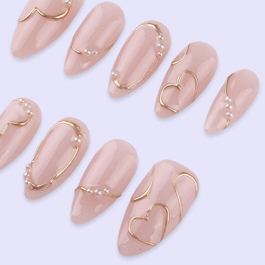 Minimal Nude Press On Nails with Gold Heart Line Art | Elegant Pearl Accent Almond Nails | Handmade Neutral Fake Nails
