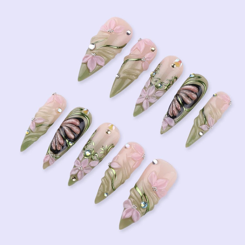 Spring Floral Press On Nails with Green Swirl & Butterfly | 3D Fake Nails in Long Stiletto | Handmade Nail Art