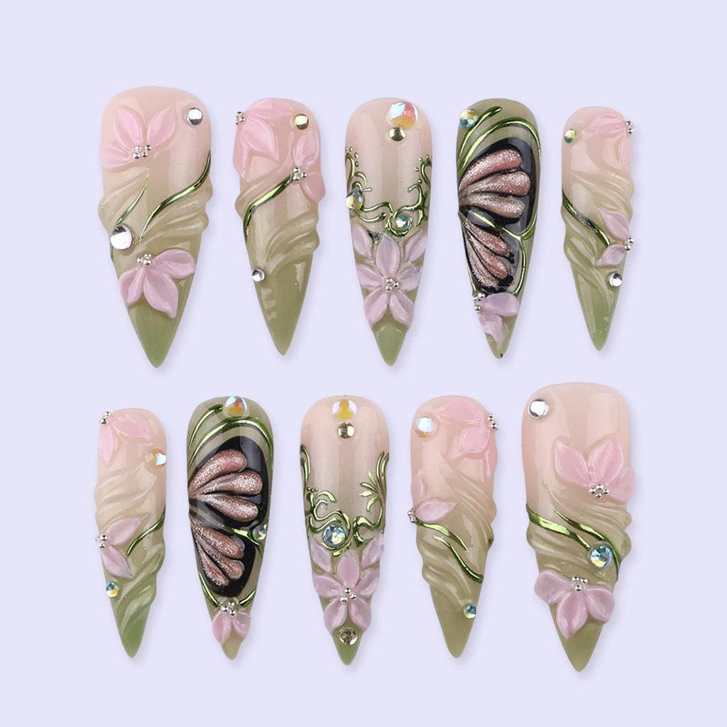 Spring Floral Press On Nails with Green Swirl & Butterfly | 3D Fake Nails in Long Stiletto | Handmade Nail Art