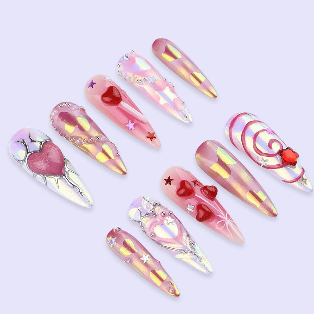 Pink Chrome Heart Press On Nails | Iridescent Valentine Nails with 3D Heart & Star Accents | Long Almond Handmade Nail Art For Date Night