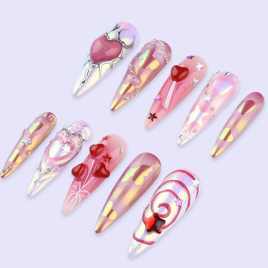 Pink Chrome Heart Press On Nails | Iridescent Valentine Nails with 3D Heart & Star Accents | Long Almond Handmade Nail Art For Date Night