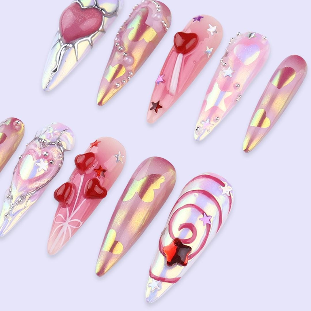 Pink Chrome Heart Press On Nails | Iridescent Valentine Nails with 3D Heart & Star Accents | Long Almond Handmade Nail Art For Date Night