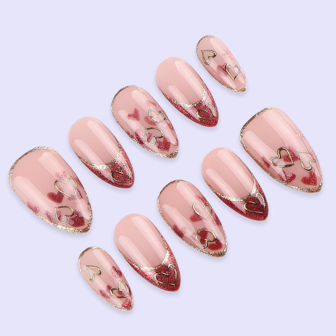 Pink Cat Eye Valentine Press On Nails with Gold Heart Outline | French Tip Fake Nail in Almond | Handmade Nail Art for Date or Gift for Her