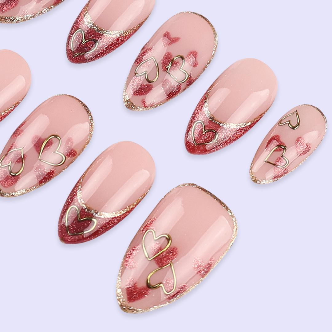 Pink Cat Eye Valentine Press On Nails with Gold Heart Outline | French Tip Fake Nail in Almond | Handmade Nail Art for Date or Gift for Her