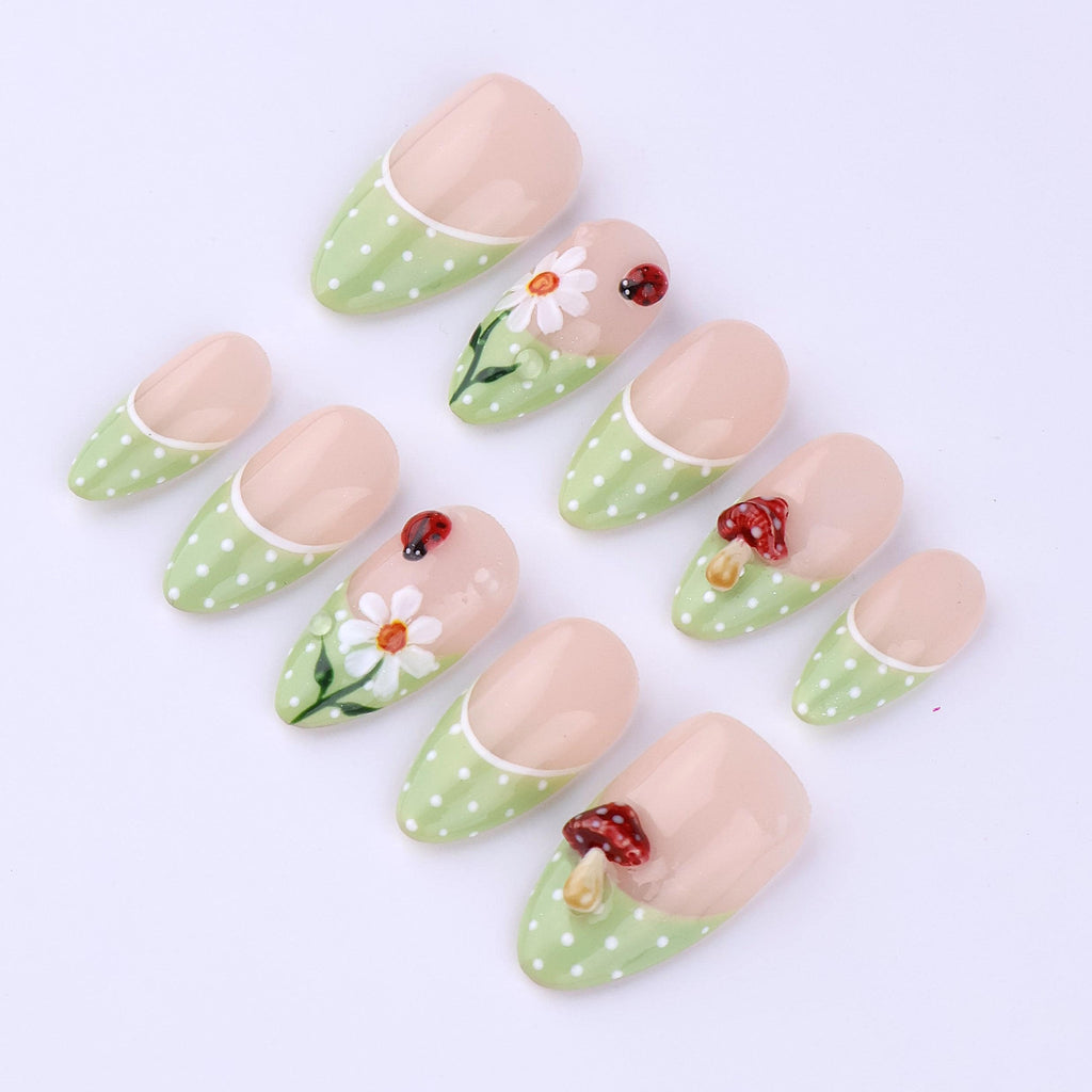 Spring Press On Nails with Daisy & Mushroom | Green Polka Dot French Tip Fake Nails in Medium Almond | Cute Handmade Nail Art