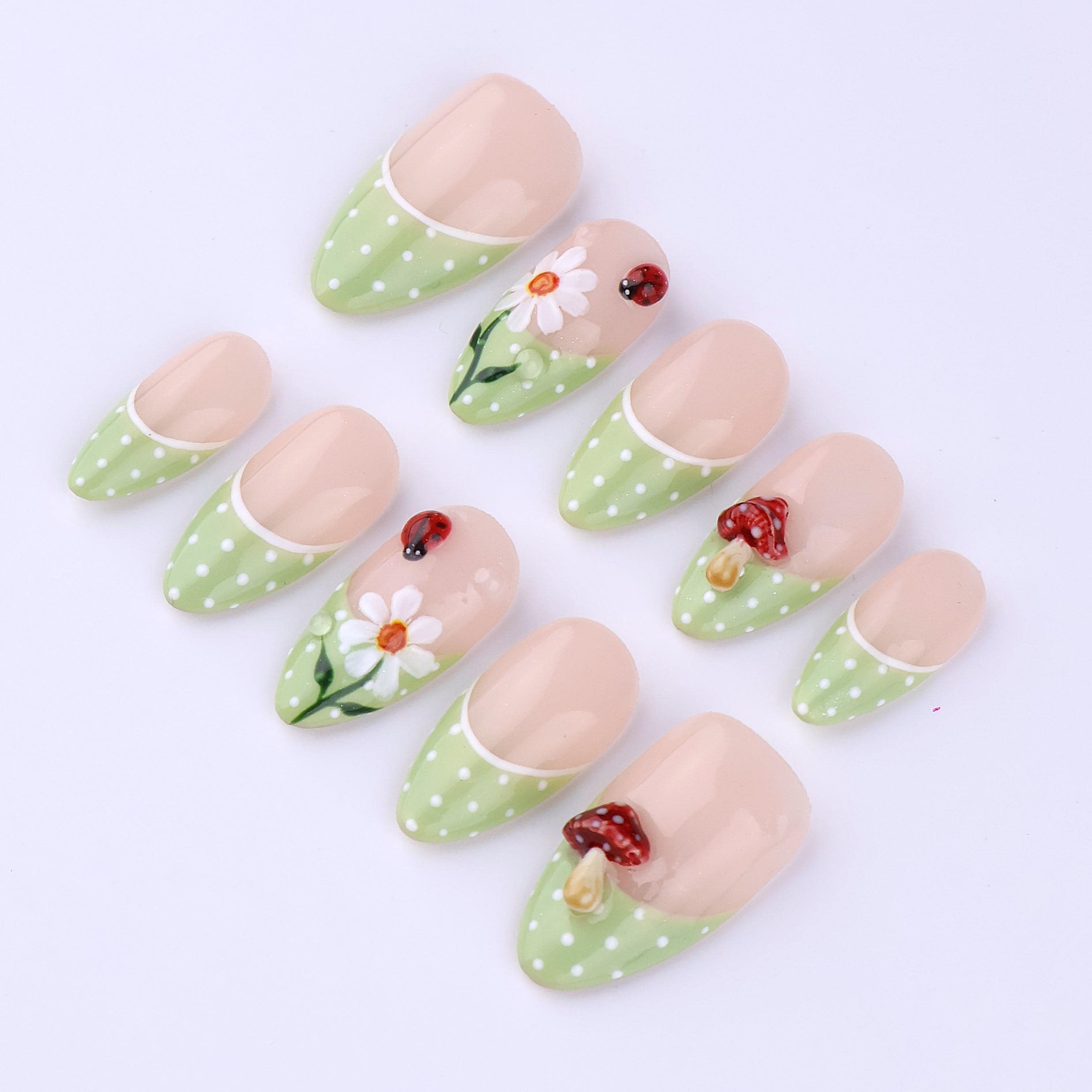 Spring Press On Nails with Daisy & Mushroom | Green Polka Dot French Tip Fake Nails in Medium Almond | Cute Handmade Nail Art