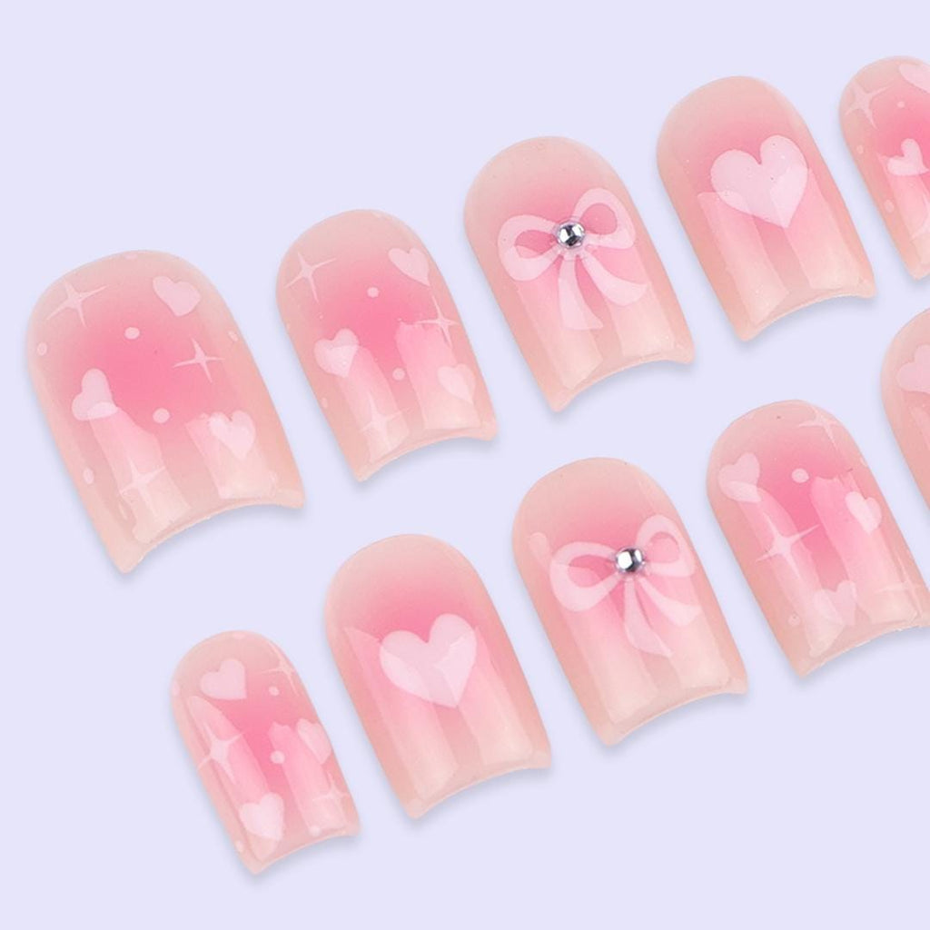 Pink Valentine Press On Nails | Sheer Blush Base with Heart & Bow Design | Cute Fake Nails in Short Square | Handmade Romantic Nail Art
