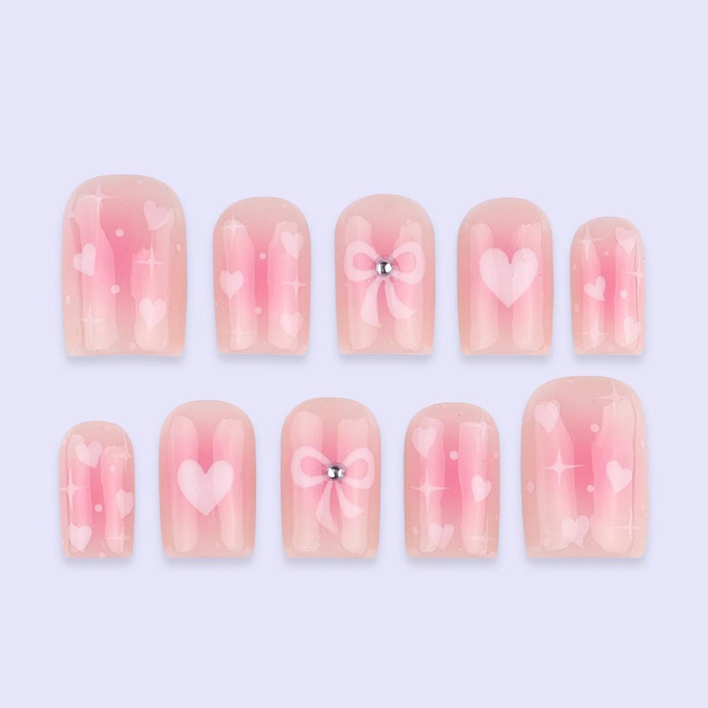 Pink Valentine Press On Nails | Sheer Blush Base with Heart & Bow Design | Cute Fake Nails in Short Square | Handmade Romantic Nail Art