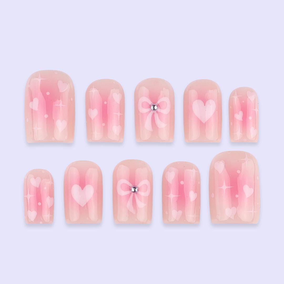 Pink Valentine Press On Nails | Sheer Blush Base with Heart & Bow Design | Cute Fake Nails in Short Square | Handmade Romantic Nail Art