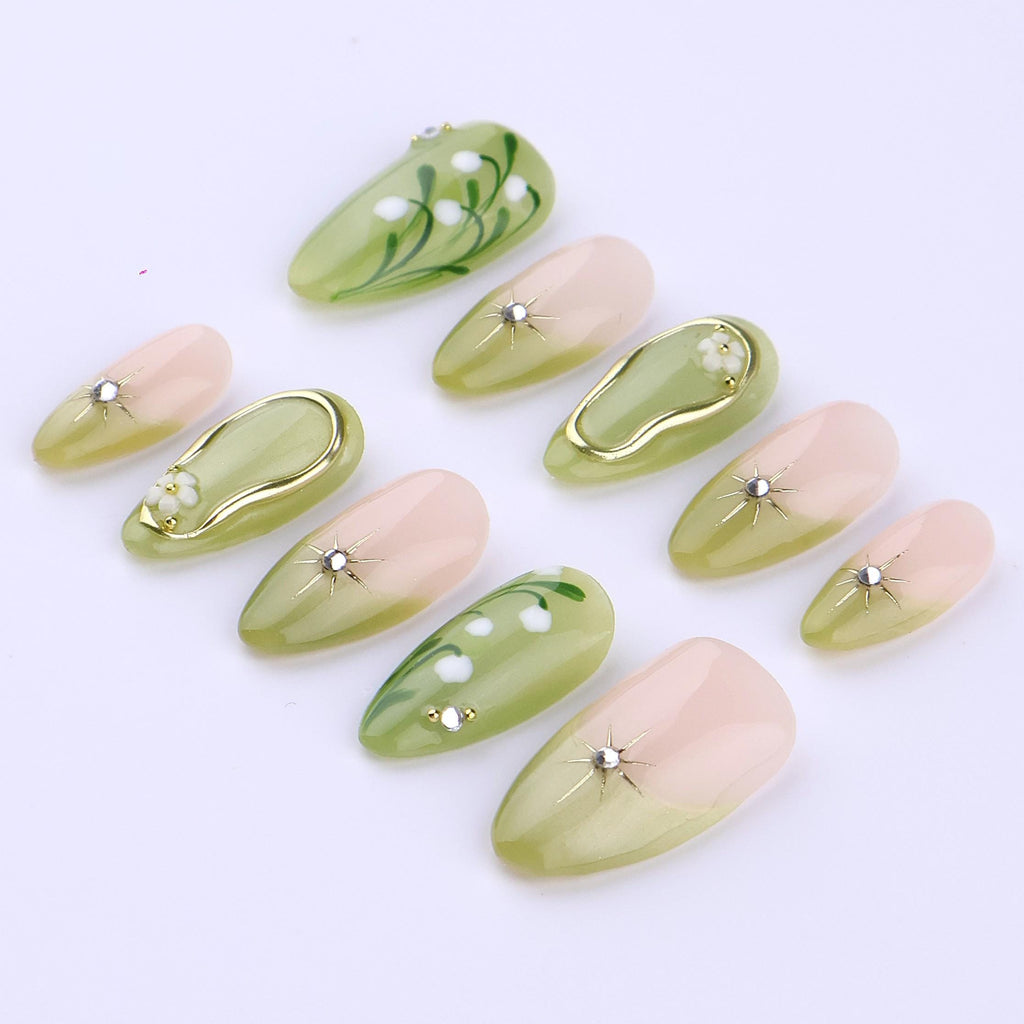 Spring Green Press On Nails with Floral & Gold Line Art | Soft Ombre Fake Nails in Almond | Handmade Elegant Nail Art