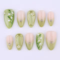 Spring Green Press On Nails with Floral & Gold Line Art | Soft Ombre Fake Nails in Almond | Handmade Elegant Nail Art