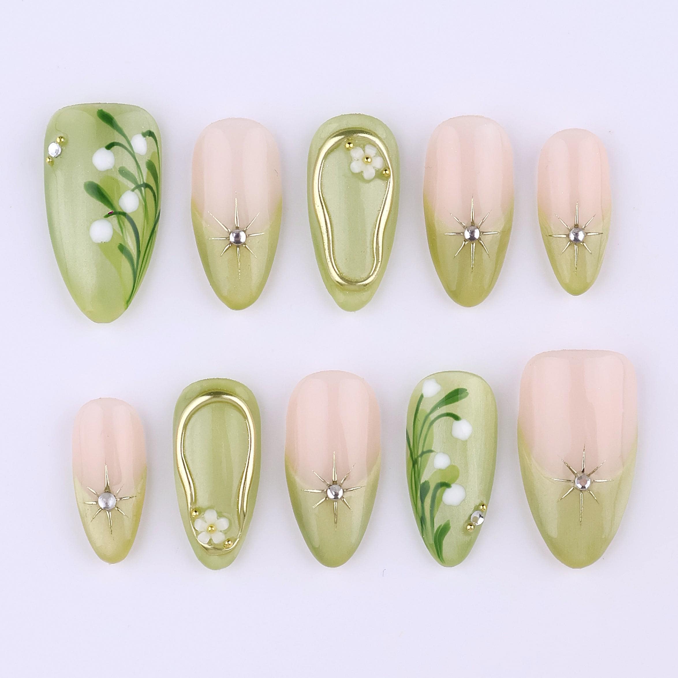 Spring Green Press On Nails with Floral & Gold Line Art | Soft Ombre Fake Nails in Almond | Handmade Elegant Nail Art