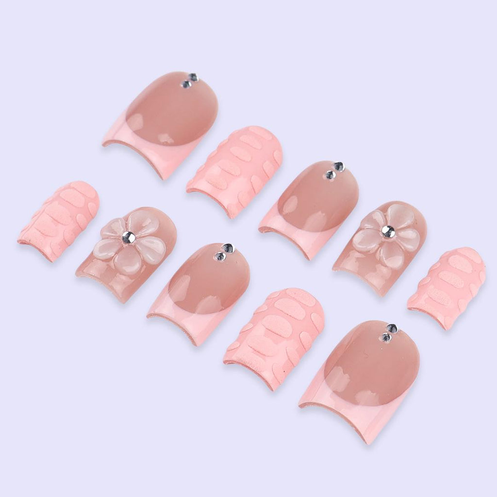 Blush Pink Press On Nails with 3D Flower | Nude Peach Handmade Fake Nails | Short Square Minimal Nail Art for Everyday or Gift