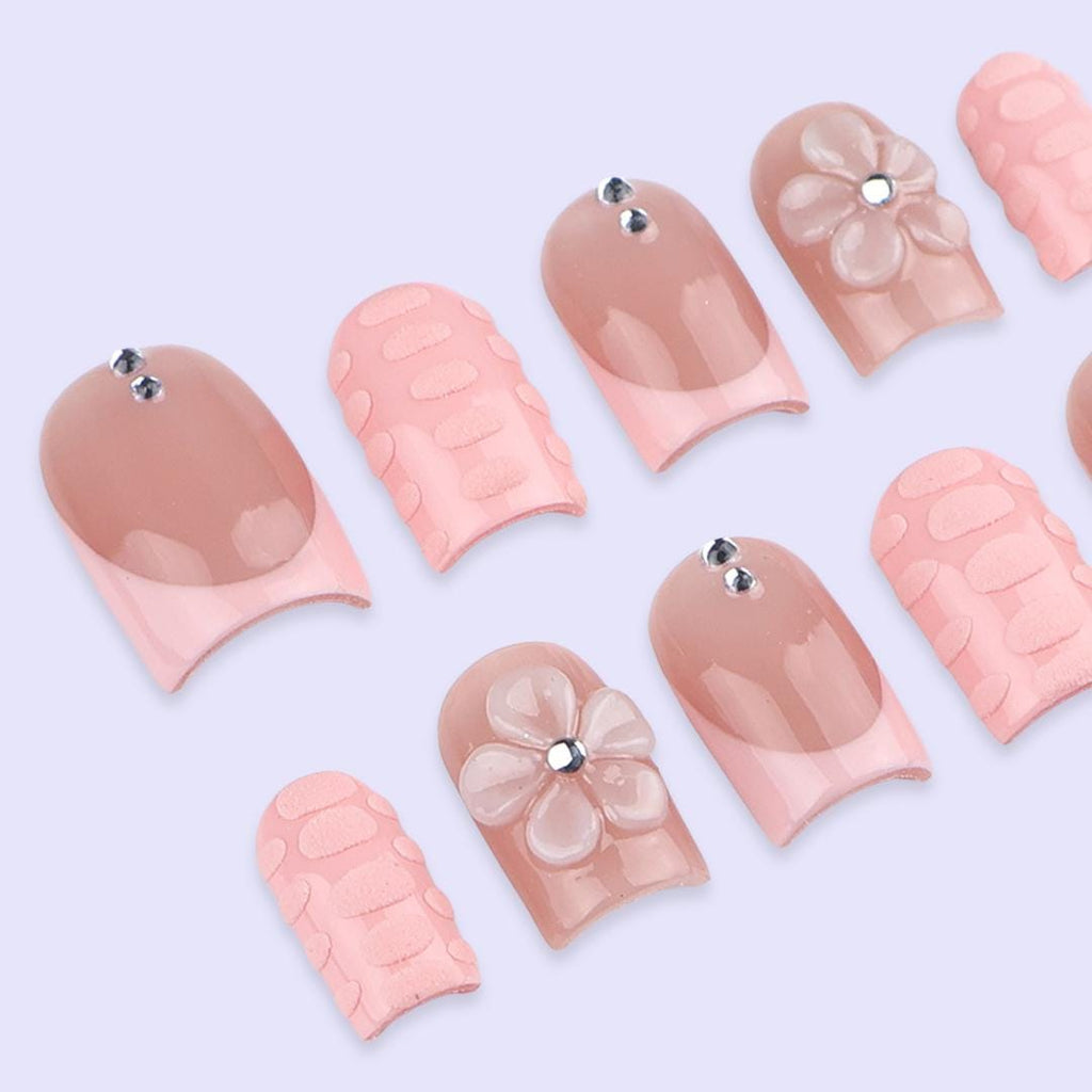 Blush Pink Press On Nails with 3D Flower | Nude Peach Handmade Fake Nails | Short Square Minimal Nail Art for Everyday or Gift