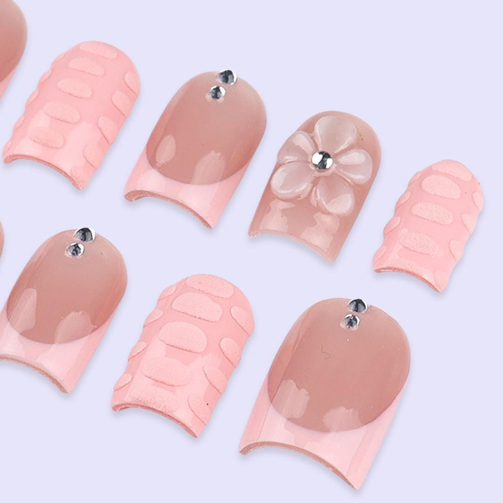 Blush Pink Press On Nails with 3D Flower | Nude Peach Handmade Fake Nails | Short Square Minimal Nail Art for Everyday or Gift