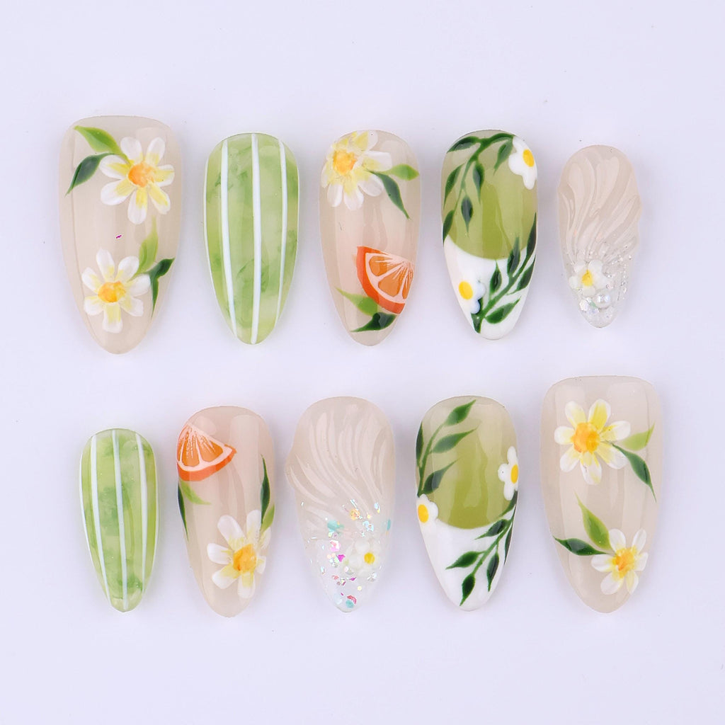 Spring Press On Nails with Daisy & Green Leaves | Soft Nude Botanical Fake Nails in Almond | Handmade Floral Nail Art