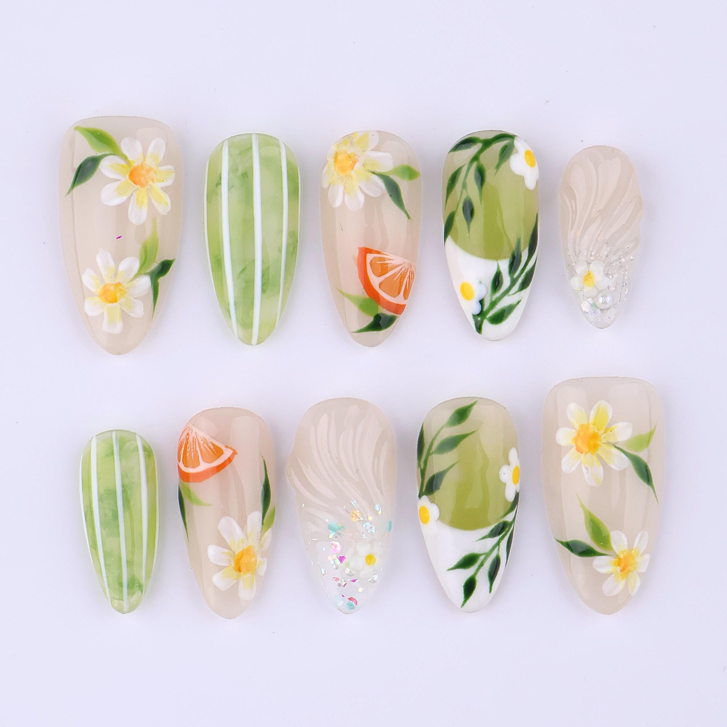 Spring Press On Nails with Daisy & Green Leaves | Soft Nude Botanical Fake Nails in Almond | Handmade Floral Nail Art