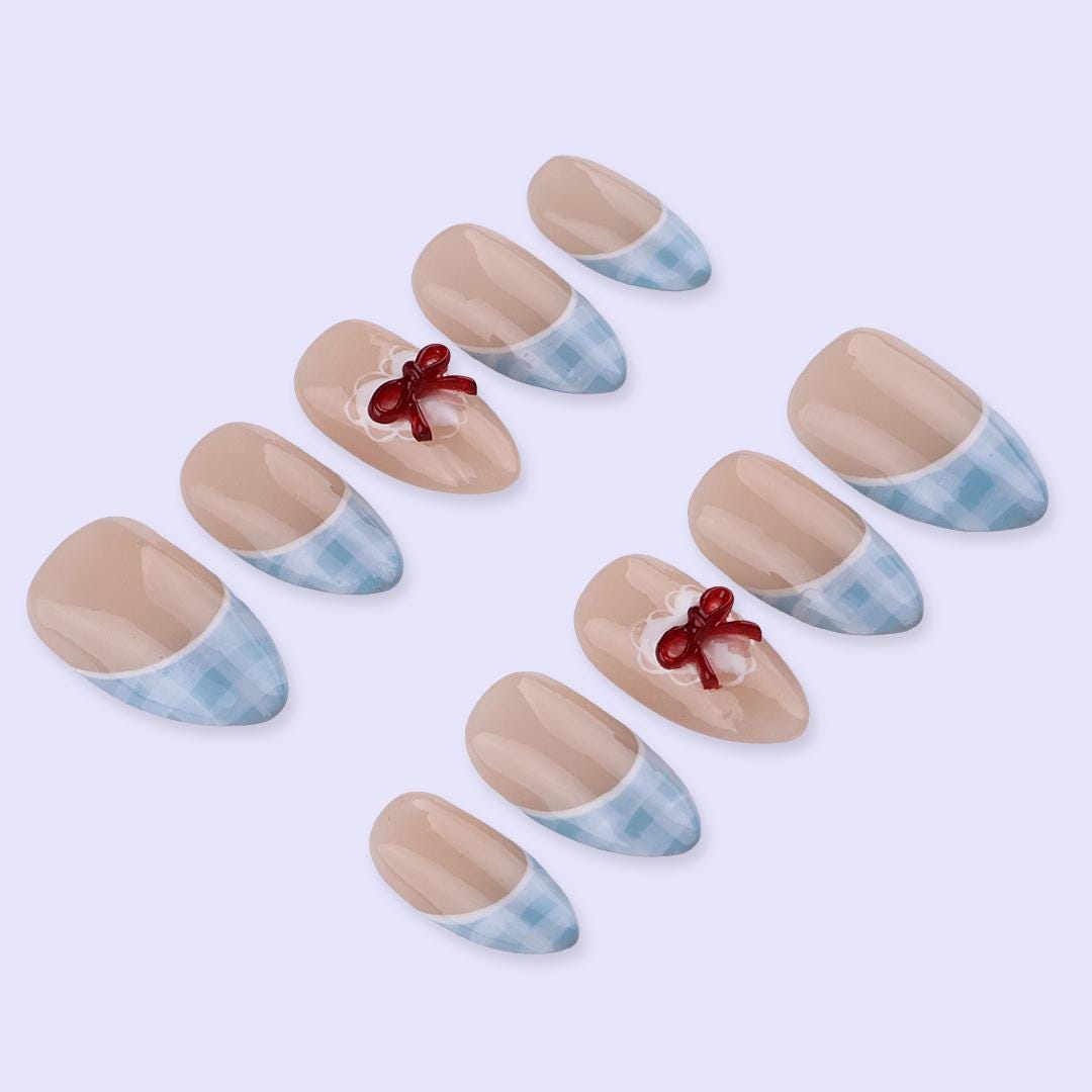 Blue Gingham French Tip Press On Nails with Red Bow | Nude Almond Fake Nails | Cute Handmade Nail Art for Everyday Wear or Gift