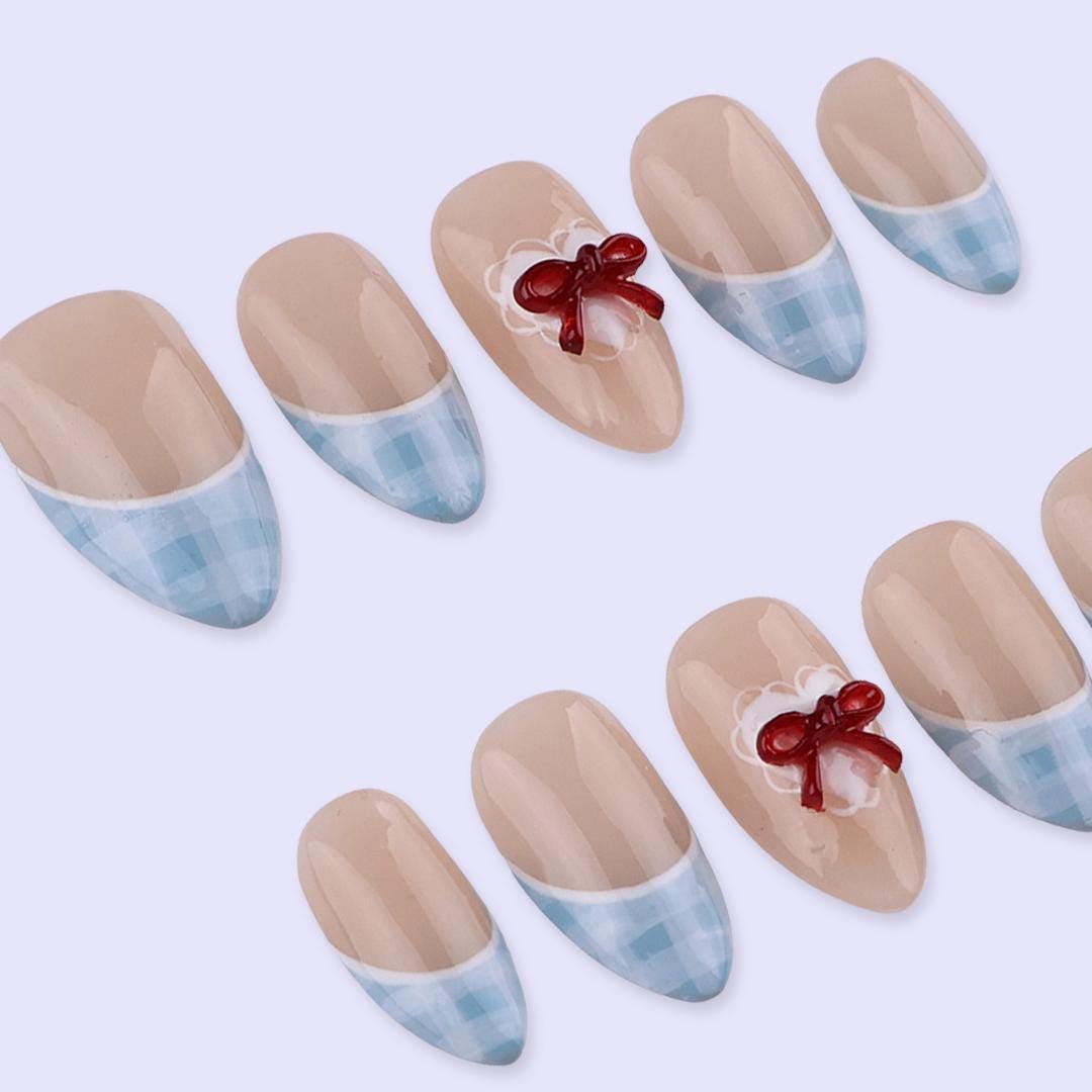 Blue Gingham French Tip Press On Nails with Red Bow | Nude Almond Fake Nails | Cute Handmade Nail Art for Everyday Wear or Gift