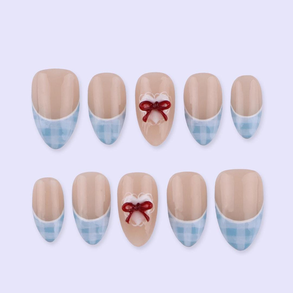 Blue Gingham French Tip Press On Nails with Red Bow | Nude Almond Fake Nails | Cute Handmade Nail Art for Everyday Wear or Gift