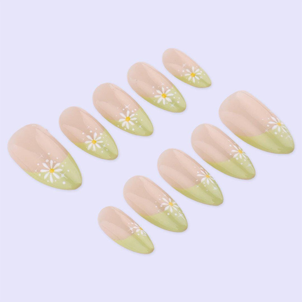 Spring Daisy French Tip Press On Nails with Green Pastel | Floral Fake Nails in Almond | Handmade Minimal Nail Art