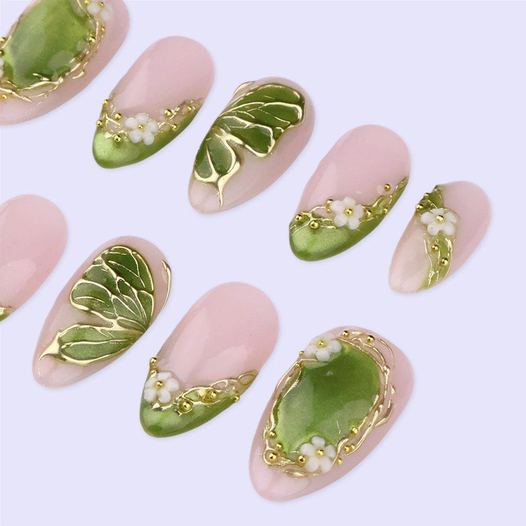 Spring Green Press On with Floral & Butterfly | Gold Fake Nails in Medium Almond | Handmade Nail Art for Everyday Wear Or Gift