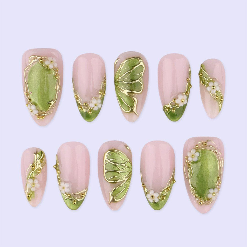 Spring Green Press On with Floral & Butterfly | Gold Fake Nails in Medium Almond | Handmade Nail Art for Everyday Wear Or Gift
