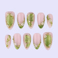 Spring Green Press On with Floral & Butterfly | Gold Fake Nails in Medium Almond | Handmade Nail Art for Everyday Wear Or Gift