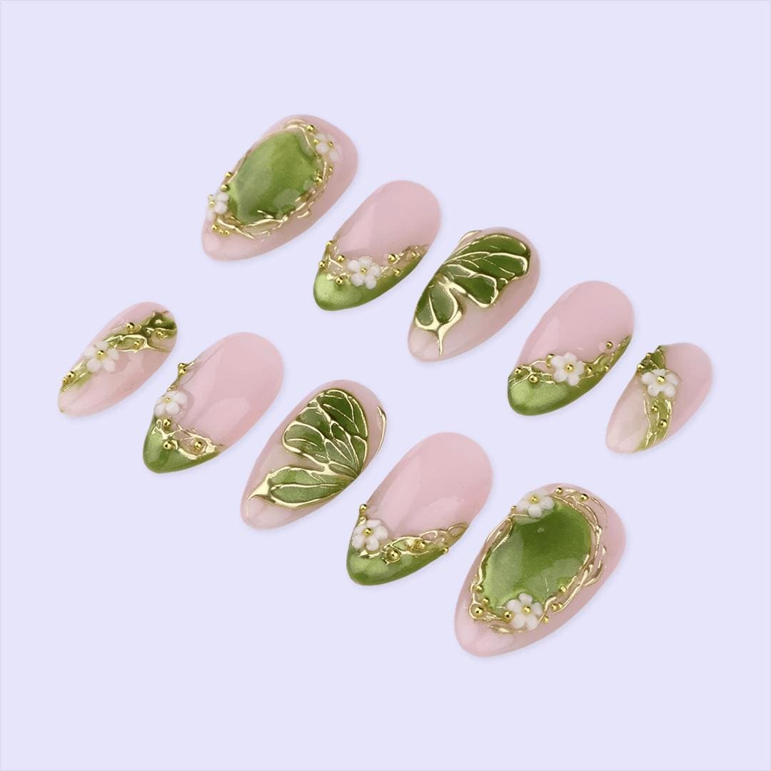 Spring Green Press On with Floral & Butterfly | Gold Fake Nails in Medium Almond | Handmade Nail Art for Everyday Wear Or Gift
