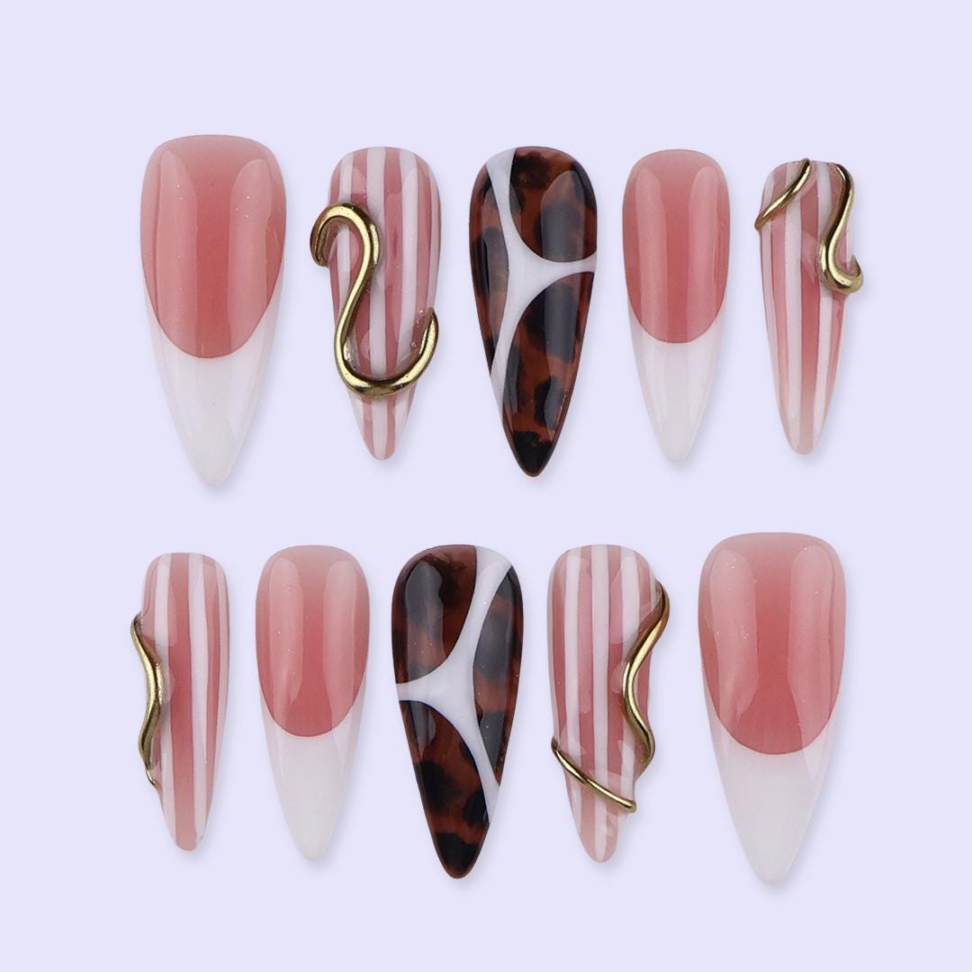 Freestyle Nude & Tortoiseshell Press On Nails with Gold Accent | Almond Handmade Nail Art