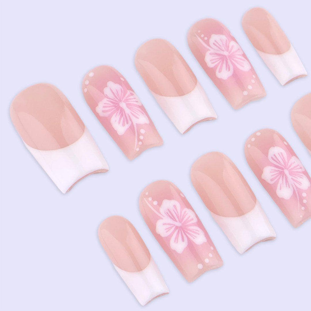 Spring Blush Floral French Press On Nails | Soft Pink Fake Nails in Medium Square | Handmade Nail Art for Everyday Wear or Gift