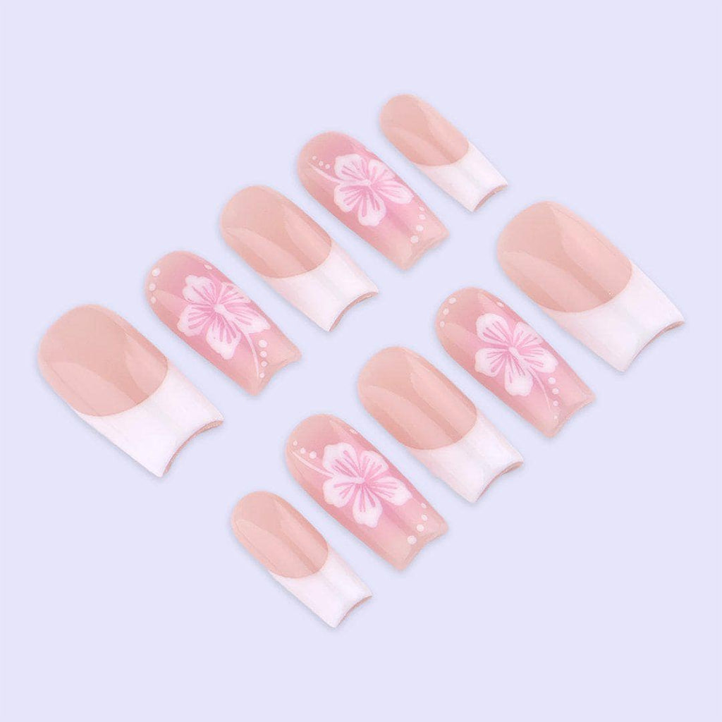 Spring Blush Floral French Press On Nails | Soft Pink Fake Nails in Medium Square | Handmade Nail Art for Everyday Wear or Gift