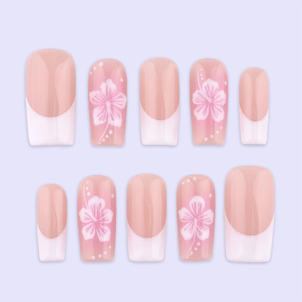 Spring Blush Floral French Press On Nails | Soft Pink Fake Nails in Medium Square | Handmade Nail Art for Everyday Wear or Gift