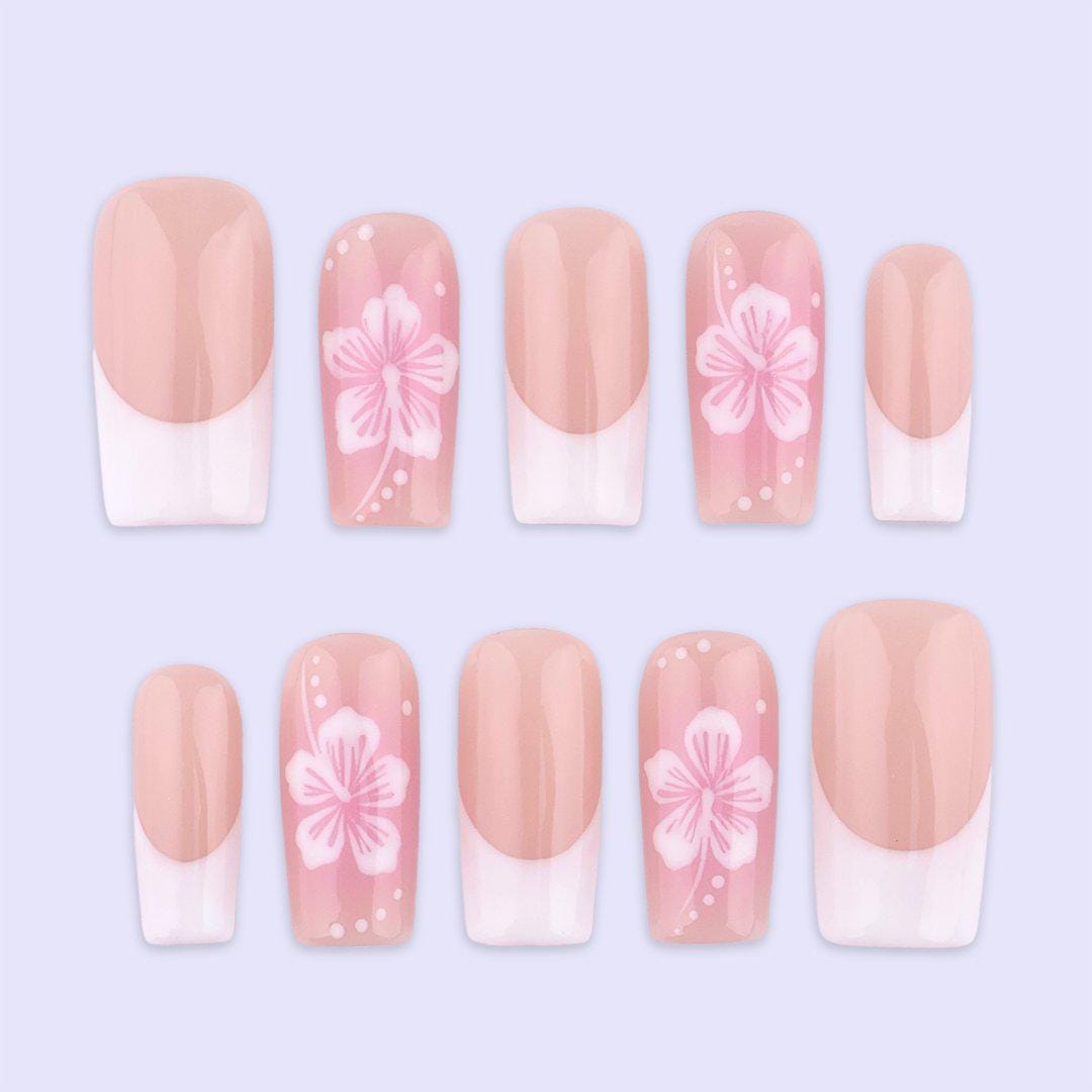 Spring Blush Floral French Press On Nails | Soft Pink Fake Nails in Medium Square | Handmade Nail Art for Everyday Wear or Gift