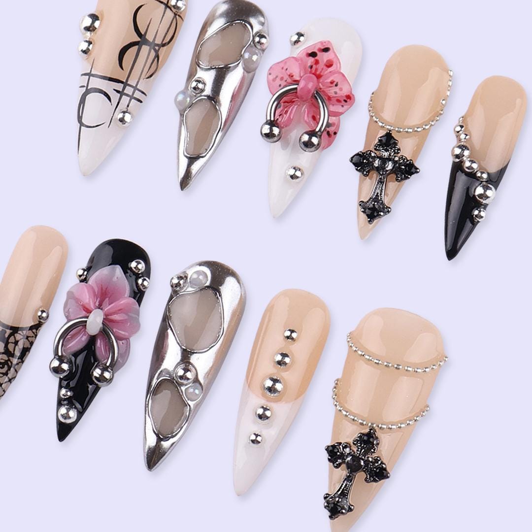 Y2K Press On Nails with Cross & Floral | 3D Fake Nails in Long Stiletto | Handmade Nail Art for Statement Look