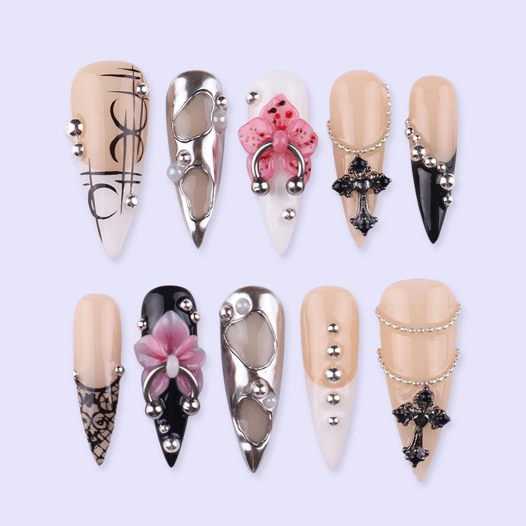 Y2K Press On Nails with Cross & Floral | 3D Fake Nails in Long Stiletto | Handmade Nail Art for Statement Look