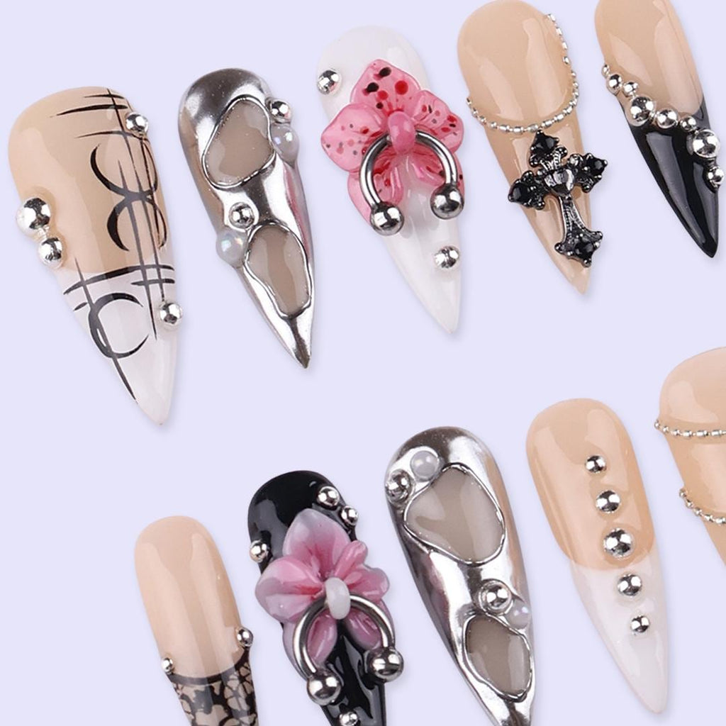 Y2K Press On Nails with Cross & Floral | 3D Fake Nails in Long Stiletto | Handmade Nail Art for Statement Look